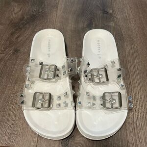 Madden girl white bottom sandals clear buckle strap with silver studs